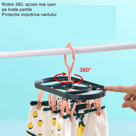 Uscator De Rufe Suspendat Cu 12 Carlige, Rotire 360 Grade, Protectie Vant, Mateiral Plastic, Usor De Depozitat, Multifunctional, 30 X 12.5 Cm, Albastru/Roz - vivimall.ro