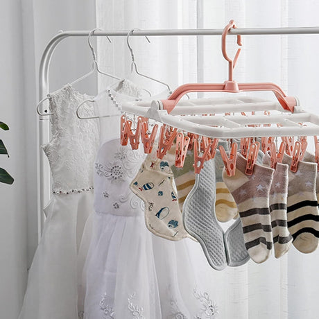 Uscator de Rufe Suspendat Vivimall, cu 40 Carlige, Rotire 360 Grade, Protectie Vant, Pliabil, Patrat, Mateiral Plastic, Usor de Depozitat, Multifunctional, 36 x 24 cm, Alb/Roz