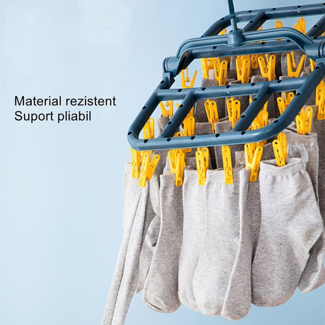 Uscator de Rufe Suspendat Vivimall, cu 40 Carlige, Rotire 360 Grade, Protectie Vant, Pliabil, Patrat, Mateiral Plastic, Usor de Depozitat, Multifunctional, 36 x 24 cm, Albastru/Galben