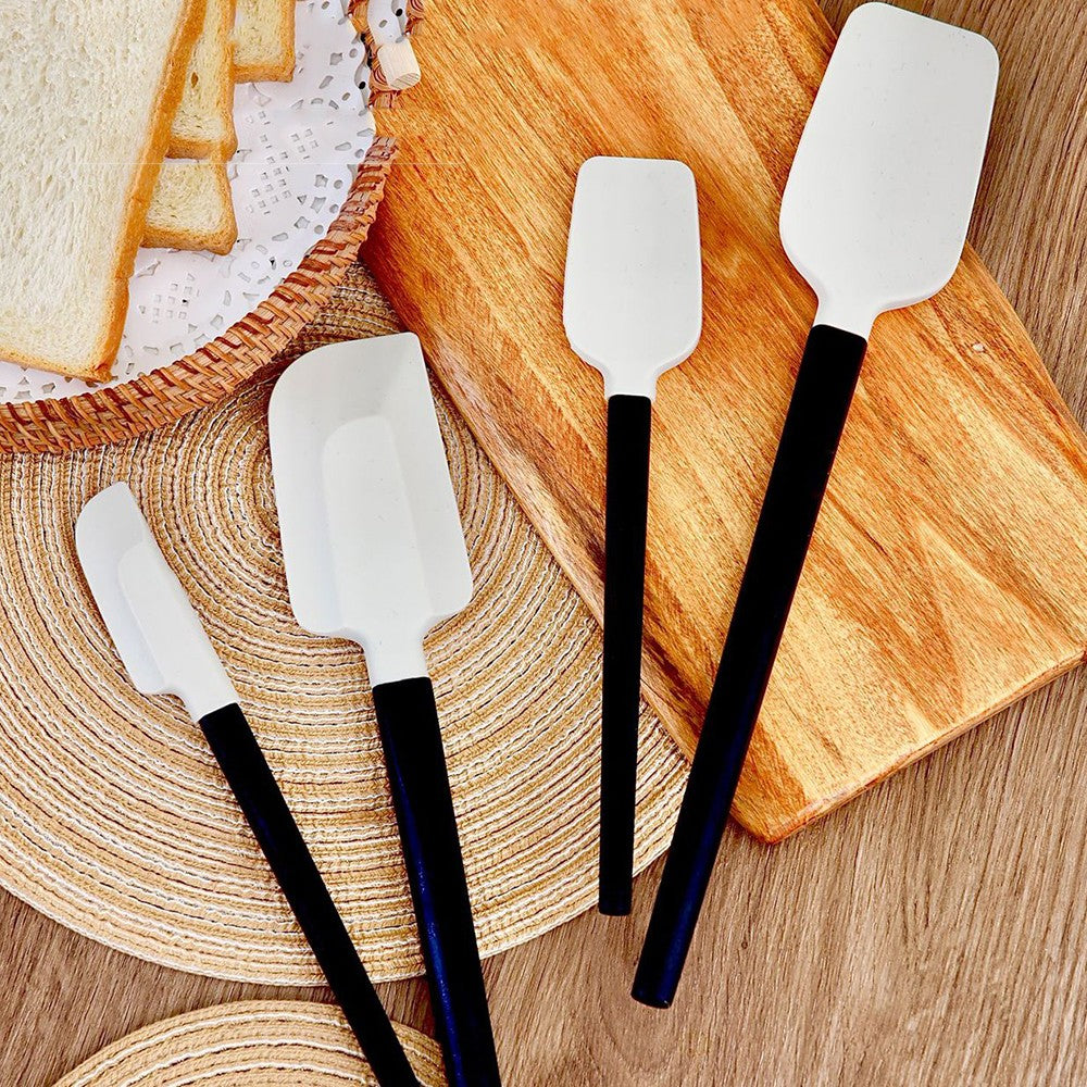 Ustensile de Bucatarie, Vivimall, Set din 4 bucati, din Silicon si Lemn, Spatule de Diferite Dimensiuni, Termo rezistente, Antiaderente, Instrument de Amestecat in Bucatarie, Alb-Negru