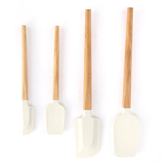 Ustensile de Bucatarie, Vivimall, Set din 4 bucati, din Silicon si Lemn, Spatule de Diferite Dimensiuni, Termo rezistente, Antiaderente, Instrument de Amestecat in Bucatarie, Alb-Maro - vivimall.ro