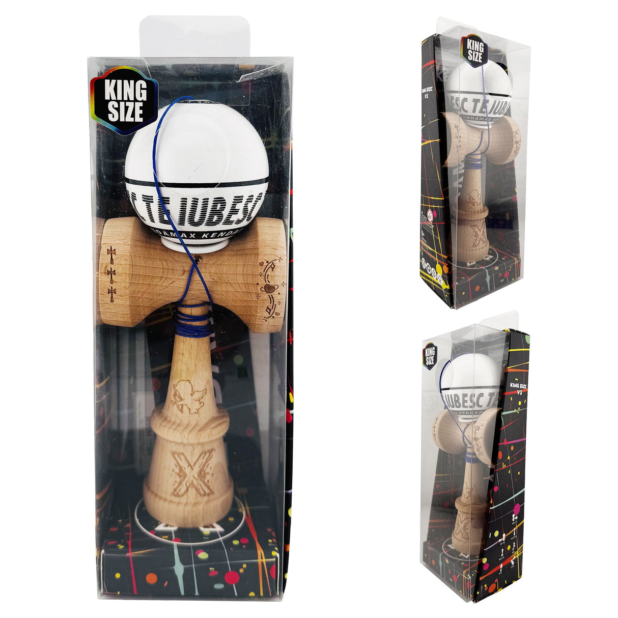 Kendama X TE IUBESC Originala, Profesionala, Flippy, Super Sticky cu Cupe Mari KING SIZE V3, Gaura in Baza, Rulment Metalic, din lemn 18 cm, Ata 62/65 cm, Alb/Alb - vivimall.ro