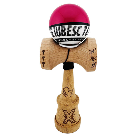 Kendama X TE IUBESC Originala, Profesionala, Flippy, Super Sticky cu Cupe Mari KING SIZE V3, Gaura in Baza, Rulment Metalic, din lemn 18 cm, Ata 62/65 cm, Roz/Alb - vivimall.ro