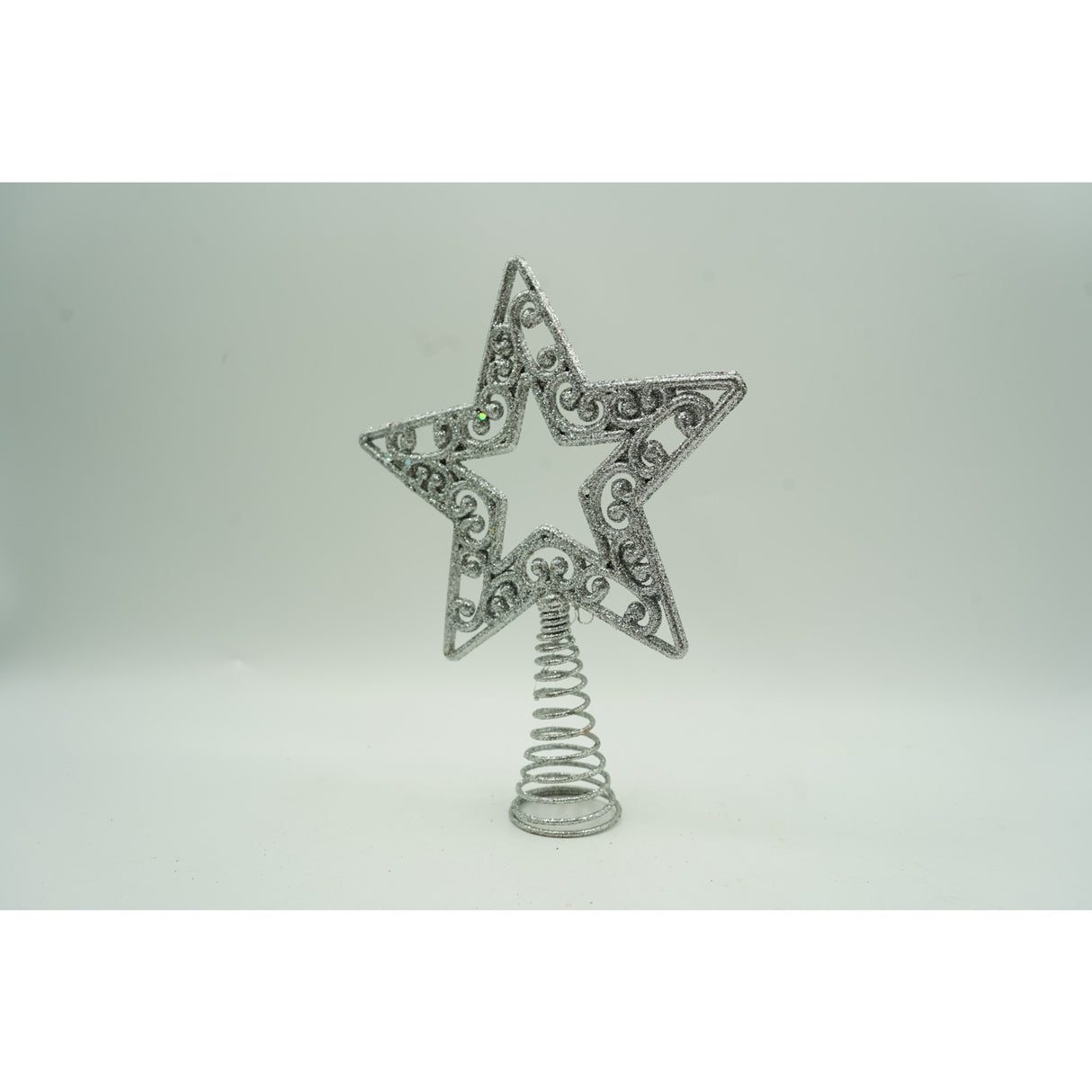 Varf decorativ de brad, Argintiu, in forma de Stea, decupata in centru, din Plastic/Metal, 14 cm x 19 cm, Interior/Exterior, Flippy - vivimall.ro