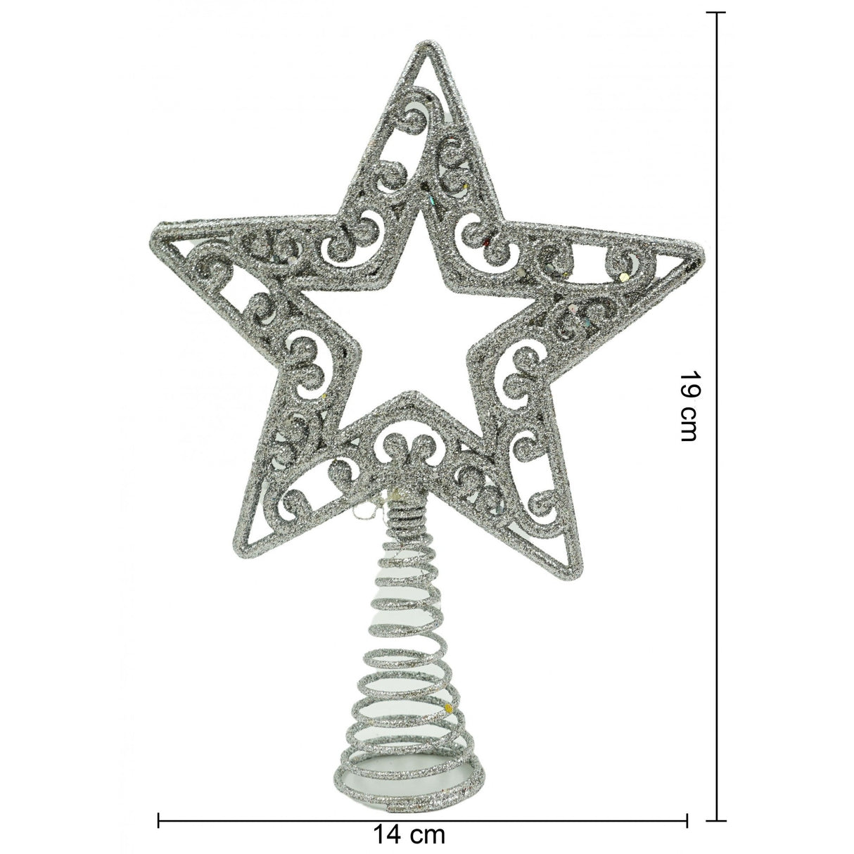 Varf decorativ de brad, Argintiu, in forma de Stea, decupata in centru, din Plastic/Metal, 14 cm x 19 cm, Interior/Exterior, Flippy - vivimall.ro