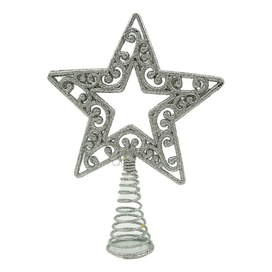 Varf decorativ de brad, Argintiu, in forma de Stea, decupata in centru, din Plastic/Metal, 14 cm x 19 cm, Interior/Exterior, Vivimall - vivimall.ro
