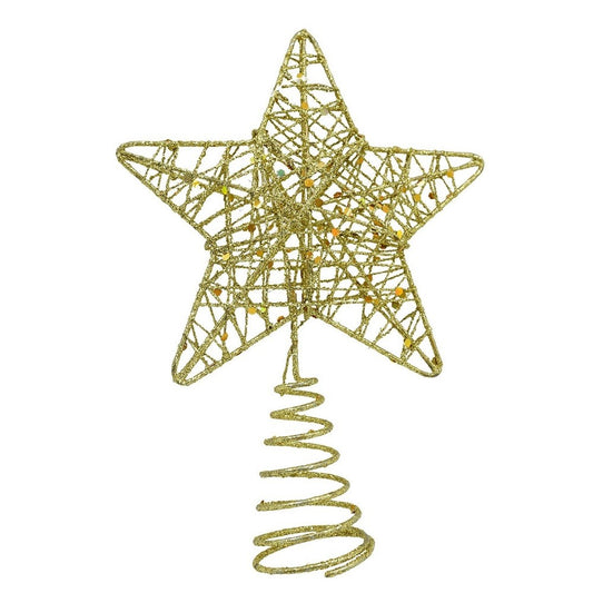 Varf decorativ de brad, Auriu, in forma de Stea, design cu paiete, din Plastic/Metal, 13 cm x 18 cm, diametru 4 cm, Interior/Exterior, Vivimall - vivimall.ro