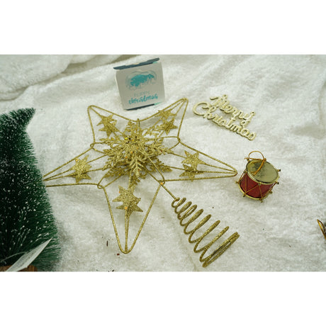 Varf decorativ de brad, Auriu, in forma de Stea, design de stele, din Plastic/Metal, 25 cm x 27 cm, Interior/Exterior, Flippy - vivimall.ro