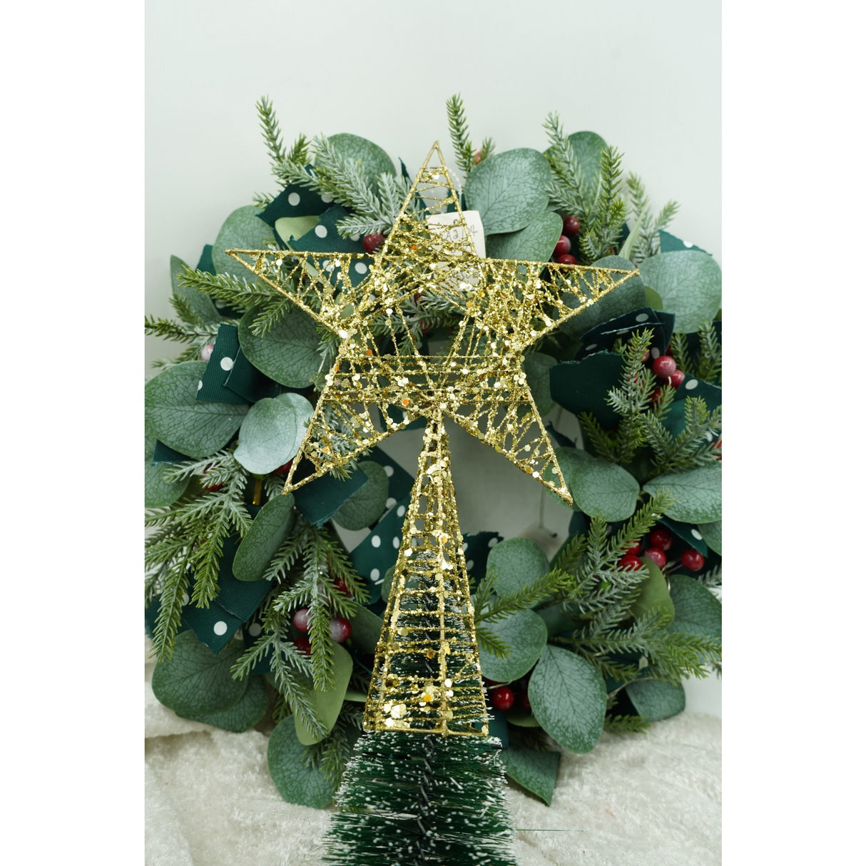 Varf decorativ de brad, Auriu, in forma de Stea, infasurata, din Plastic/Metal, 20 cm x 28 cm, Interior/Exterior, Flippy - vivimall.ro