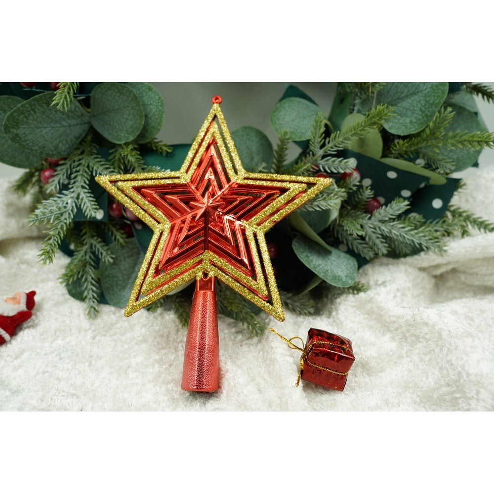 Varf decorativ de brad, Auriu/ Rosu, in forma de Stea, design de stele, din Plastic, 15 cm x 18 cm, Interior/Exterior, Flippy - vivimall.ro