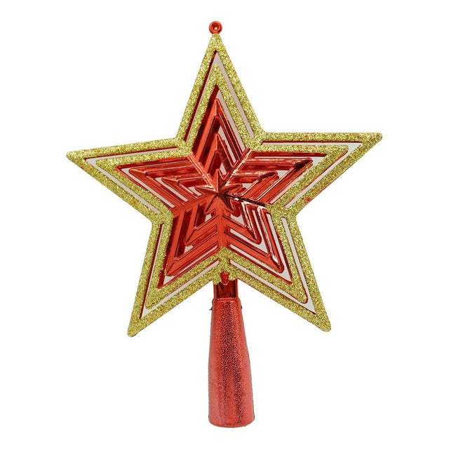 Varf decorativ de brad, Auriu/ Rosu, in forma de Stea, design de stele, din Plastic, 15 cm x 18 cm, Interior/Exterior, Flippy - vivimall.ro