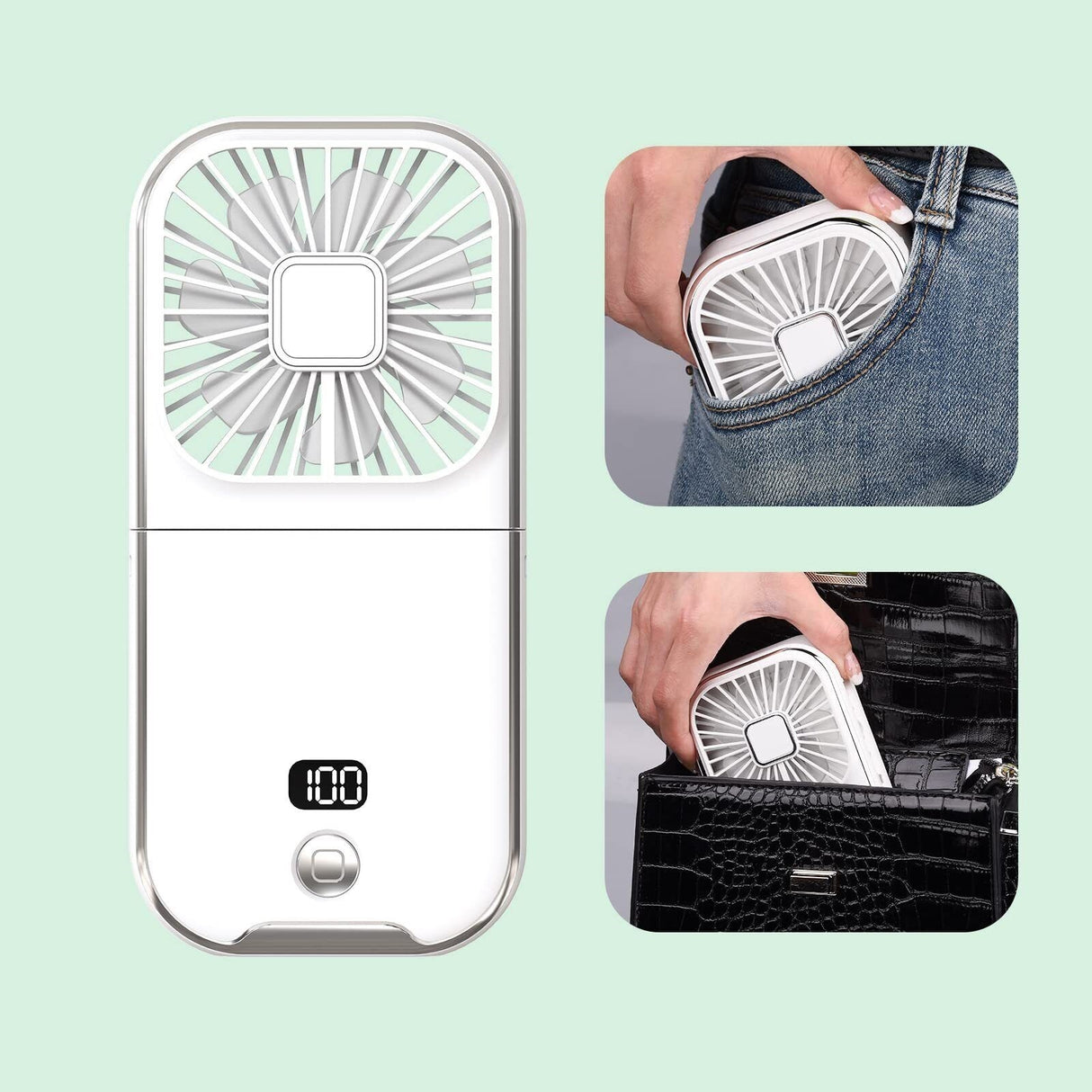 Ventilator Portabil 3 In 1, De Mana, De Gat, De Birou, 16.7 X 8 X 1.9 Cm, 3 Trepte De Viteza, Incarcare Usb, Pliabil, Afisaj Digital, Suport Telefon - vivimall.ro