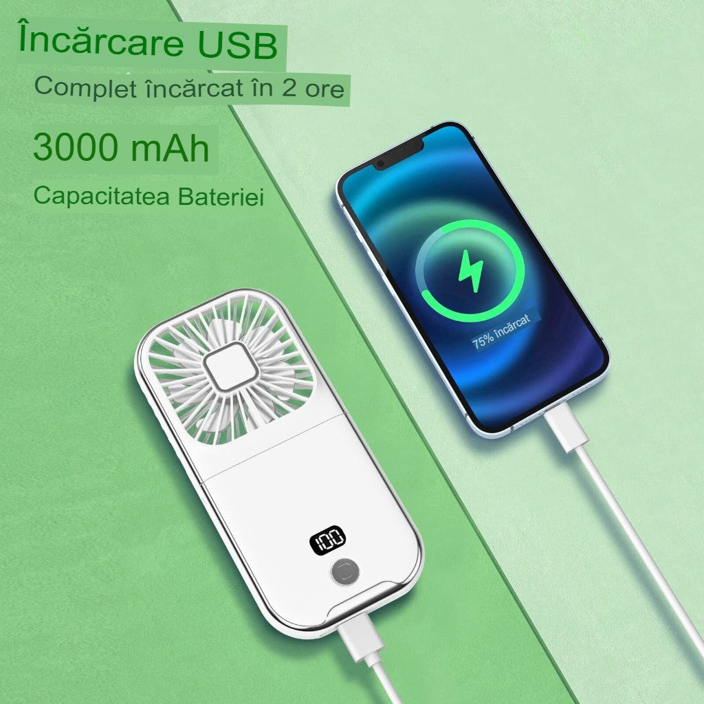 Ventilator Portabil 3 In 1, De Mana, De Gat, De Birou, 16.7 X 8 X 1.9 Cm, 3 Trepte De Viteza, Incarcare Usb, Pliabil, Afisaj Digital, Suport Telefon - vivimall.ro