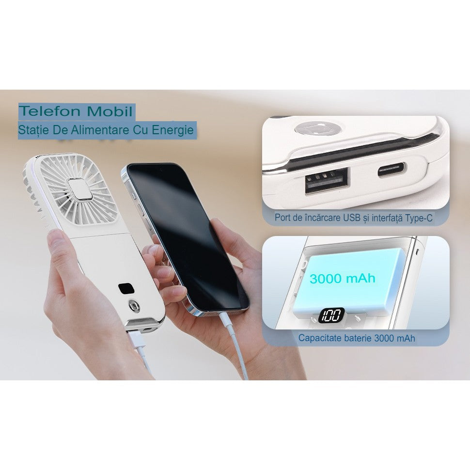 Ventilator Portabil 3 In 1, De Mana, De Gat, De Birou, 16.7 X 8 X 1.9 Cm, 3 Trepte De Viteza, Incarcare Usb, Pliabil, Afisaj Digital, Suport Telefon - vivimall.ro