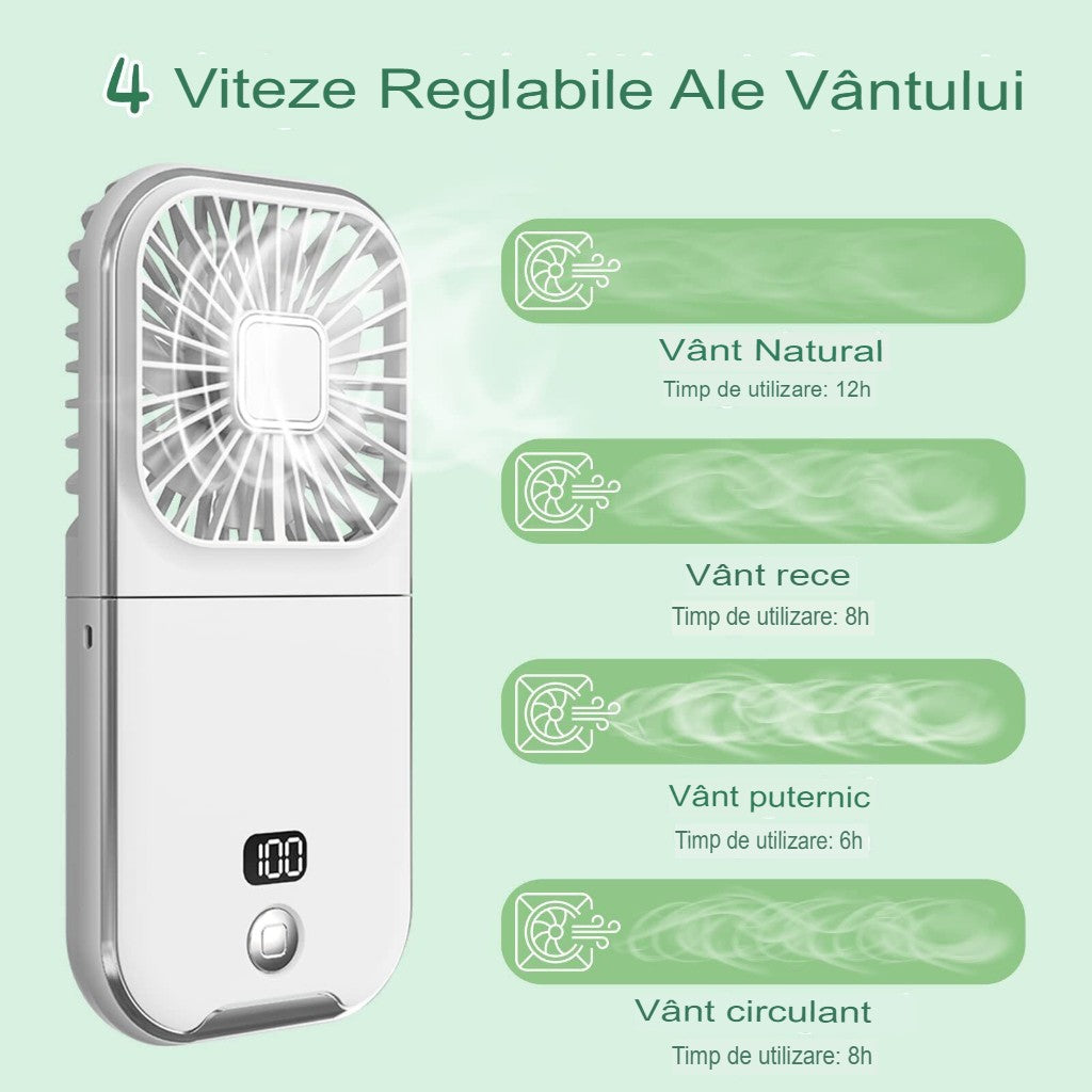 Ventilator Portabil 3 In 1, De Mana, De Gat, De Birou, 16.7 X 8 X 1.9 Cm, 3 Trepte De Viteza, Incarcare Usb, Pliabil, Afisaj Digital, Suport Telefon - vivimall.ro
