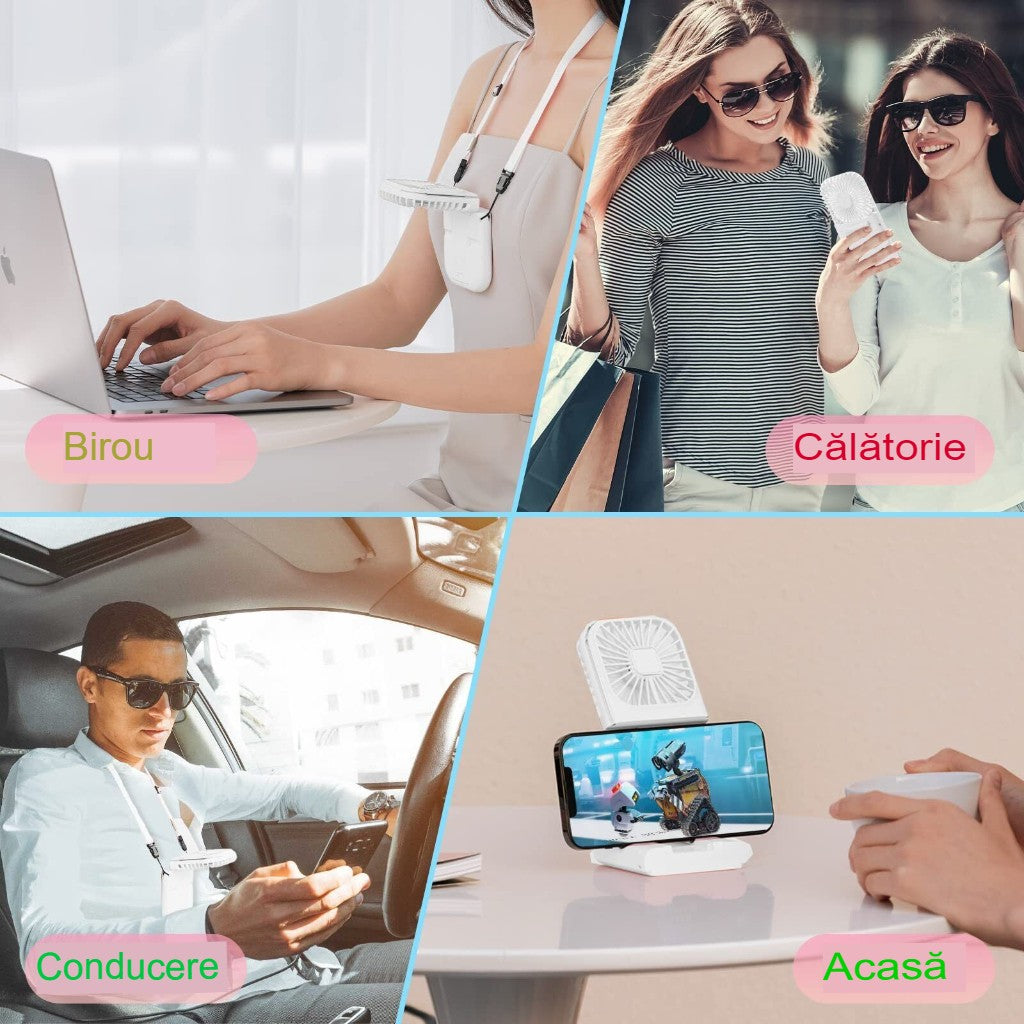 Ventilator Portabil 3 In 1, De Mana, De Gat, De Birou, 16.7 X 8 X 1.9 Cm, 3 Trepte De Viteza, Incarcare Usb, Pliabil, Afisaj Digital, Suport Telefon - vivimall.ro