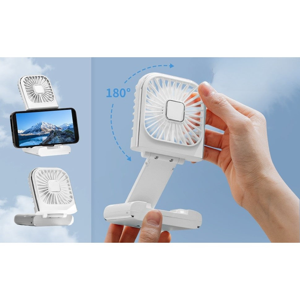 Ventilator Portabil 3 In 1, De Mana, De Gat, De Birou, 16.7 X 8 X 1.9 Cm, 3 Trepte De Viteza, Incarcare Usb, Pliabil, Afisaj Digital, Suport Telefon - vivimall.ro