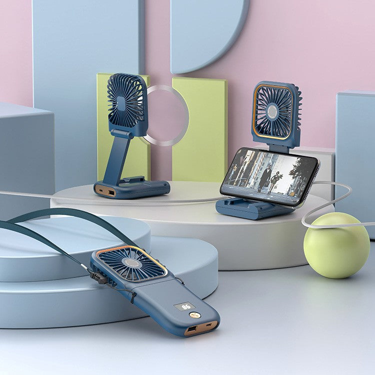 Ventilator Portabil 3 In 1, De Mana, De Gat, De Birou, 16.7 X 8 X 1.9 Cm, 3 Trepte De Viteza, Incarcare Usb, Pliabil, Afisaj Digital, Suport Telefon - vivimall.ro