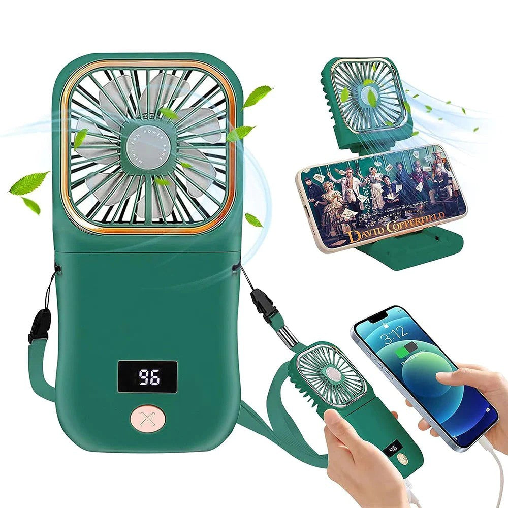 Ventilator Portabil 3 In 1, De Mana, De Gat, De Birou, 16.7 X 8 X 1.9 Cm, 3 Trepte De Viteza, Incarcare Usb, Pliabil, Afisaj Digital, Suport Telefon - vivimall.ro