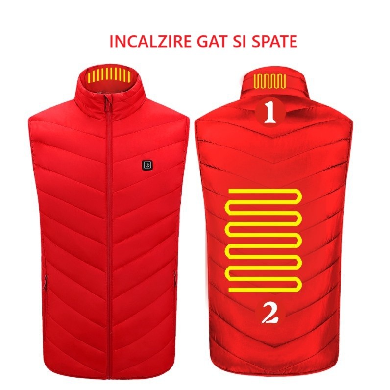 Vesta cu Incalzire, Flippy, Unisex, 2 Zone de Incalzire, Umplutura Bumbac, 3 Trepte de Temperatura, Incarcare USB, Rosu, 58 - 65 kg, Marime XL - vivimall.ro
