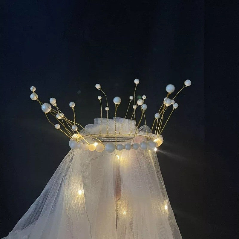 Voal Luminos Cu Coronita, Lumina , Pentru Serbari Copii, Petrecerea Burlacitelor, Marime Universala, Lumina Led, Alb - vivimall.ro