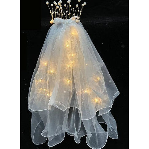 Voal Luminos cu Coronita, Flippy, Lumina Alb Cald, pentru Serbari Copii, Petrecerea Burlacitelor, Marime universala, Lumina LED, Alb