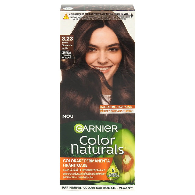 Vopsea de păr Garnier Color Naturals nuanța 3.23 Șaten Ciocolatiu Închis, vedere frontală ambalaj