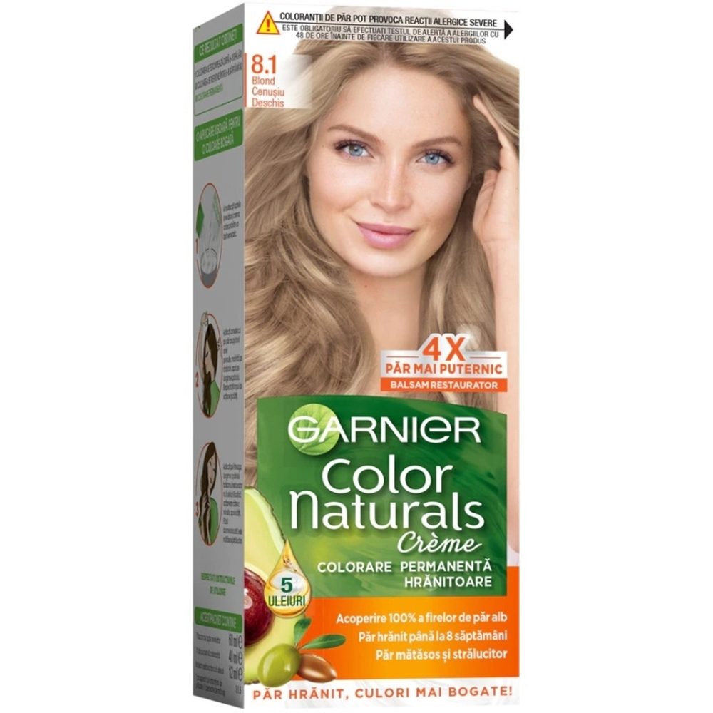 Vopsea de păr permanentă Garnier Color Naturals nuanța 8.1 Blond Cenușiu Deschis, vedere frontală cutie produs