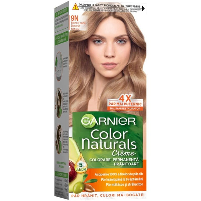 Vopsea de păr Garnier Color Naturals nuanța 9N Blond Foarte Deschis Natural, ambalaj față, colorare permanentă