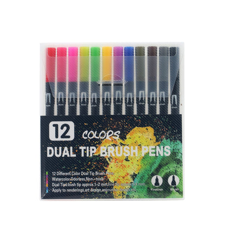 Set 12 Carioci, Pe Baza De Apa, 2 Tipuri De Varf, 1-2 Mm, 0.4 Mm, Corp Carioca Negru, Din Plastic - vivimall.ro