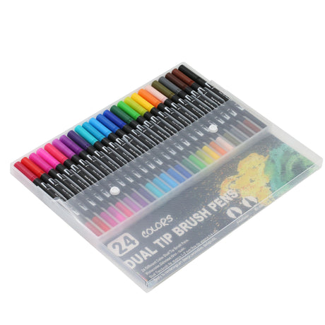 Set 24 Carioci, Pe Baza De Apa, 2 Tipuri De Varf, 1-2 Mm, 0.4 Mm, Corp Carioca Negru, Din Plastic - vivimall.ro