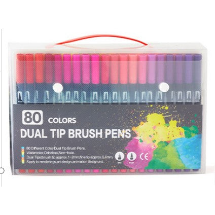 Set 80 Carioci, Pe Baza De Apa, 2 Tipuri De Varf, 1-2 Mm, 0.4 Mm, Corp Carioca Negru, Din Plastic - vivimall.ro