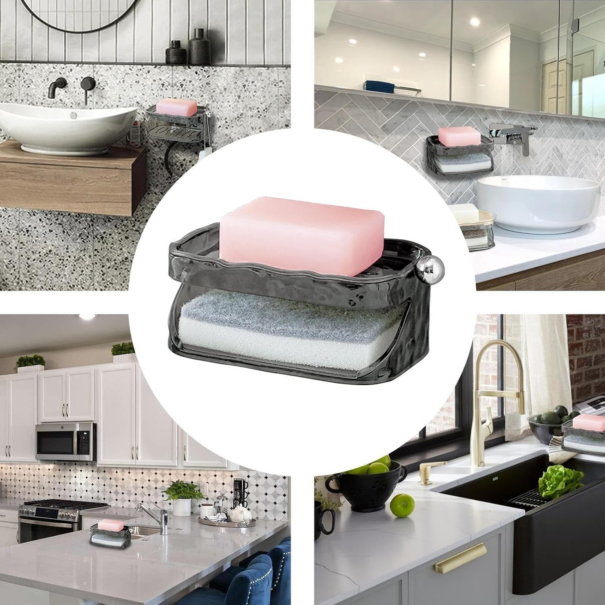 Savoniera Dubla, Flippy, 2 Straturi, Instalare fara Perforare, Agatatoare Burete, 13.5 x 8.5 x 6 cm, Gri