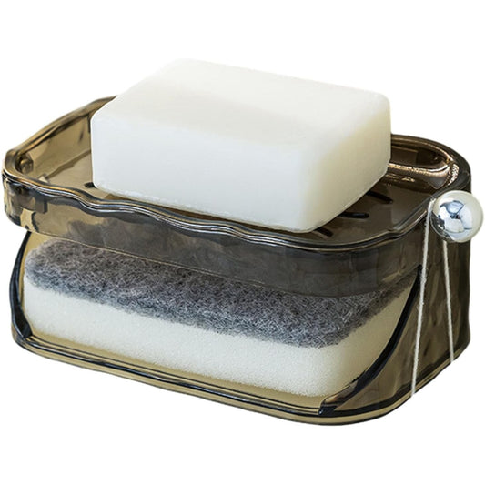 Savoniera Dubla, Vivimall, 2 Straturi, Instalare fara Perforare, Agatatoare Burete, 13.5 x 8.5 x 6 cm, Gri - vivimall.ro