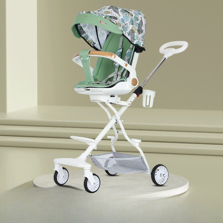 Carucior Sport Flippy 3in1, 6-36 Luni, Reversibil, Pliabil, Tavita pentru Masa, Pozitie de Somn, Centura de Siguranta, Roti 360, Suport Pahar, Copertina pentru Soare, 32x63x95cm, Verde Model Frunze - vivimall.ro