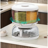 Dozator etajat de cereale Vivimall, rotativ 360, 6 compartimente, capacitate 10L, cofrag special pentru oua, vas pentru scurgerea cerealelor, 35x27.5 cm, alb - vivimall.ro