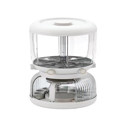 Dozator etajat de cereale Flippy, rotativ 360, 6 compartimente, capacitate 10L, cofrag special pentru oua, vas pentru scurgerea cerealelor, 35x27.5 cm, alb