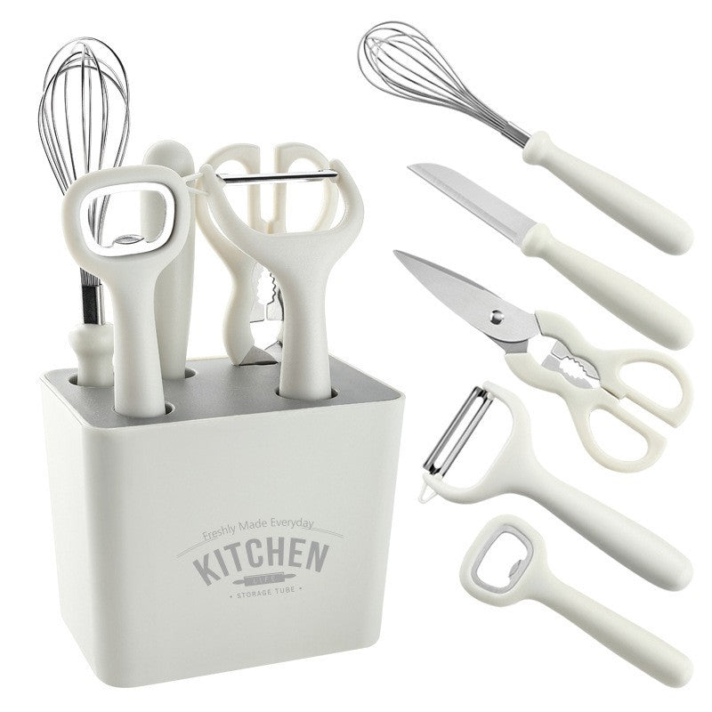 Set 6 Ustensile Bucatarie Cu Suport Inclus, Desfacator, Curatator Legume, Foarfeca, Cutit, Tel, Abs Si Inox, Alb - vivimall.ro
