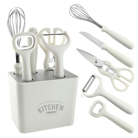 Set 6 Ustensile Bucatarie Cu Suport Inclus, Desfacator, Curatator Legume, Foarfeca, Cutit, Tel, Abs Si Inox, Alb - vivimall.ro