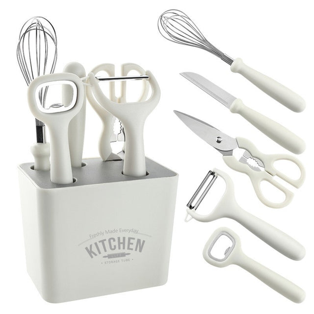 Set 6 Ustensile Bucatarie Cu Suport Inclus, Desfacator, Curatator Legume, Foarfeca, Cutit, Tel, Abs Si Inox, Alb - vivimall.ro