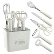 Set 6 ustensile bucatarie Vivimall, cu suport inclus, desfacator, curatator legume, foarfeca, cutit, tel, ABS si inox, alb - vivimall.ro