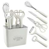 Set 6 ustensile bucatarie Vivimall, cu suport inclus, desfacator, curatator legume, foarfeca, cutit, tel, ABS si inox, alb - vivimall.ro