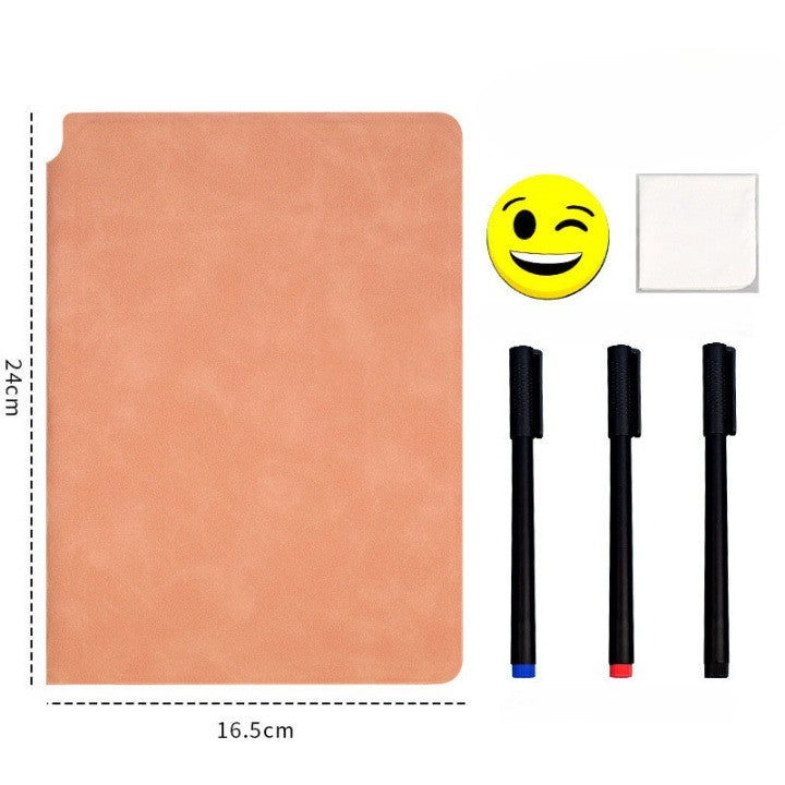 Set Agenda A5 Reutilizabila cu Pagini Tip Tabla, Agenda Pagini Albe cu Stergere Uscata, 3 Markere, 1 Burete și 1 Laveta de sters, Portabila, 24 x 16.5 cm, Coperta Piele, Roz Pal - vivimall.ro