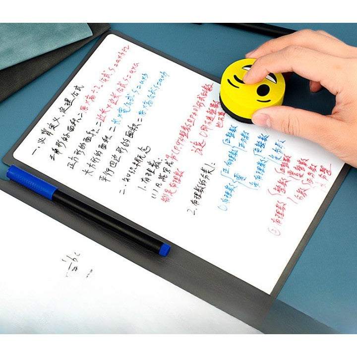 Set Agenda A5 Reutilizabila cu Pagini Tip Tabla, Agenda Pagini Albe cu Stergere Uscata, 3 Markere, 1 Burete și 1 Laveta de sters, Portabila, 24 x 16.5 cm, Coperta Piele, Albastru - vivimall.ro