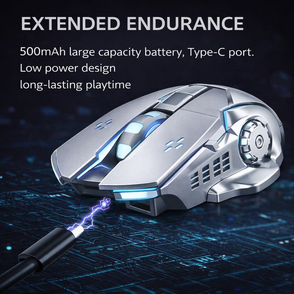 Mouse gaming wireless Flippy gri în utilizare pe birou, conectat prin Bluetooth la laptop