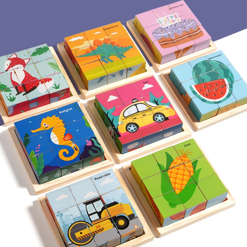 Puzzle din Lemn, Vivimall, 9 Cuburi, 6 Fete, 4-6 Ani, 11 x 11 x 3.2 cm, Model Dulciuri, Multicolor - vivimall.ro
