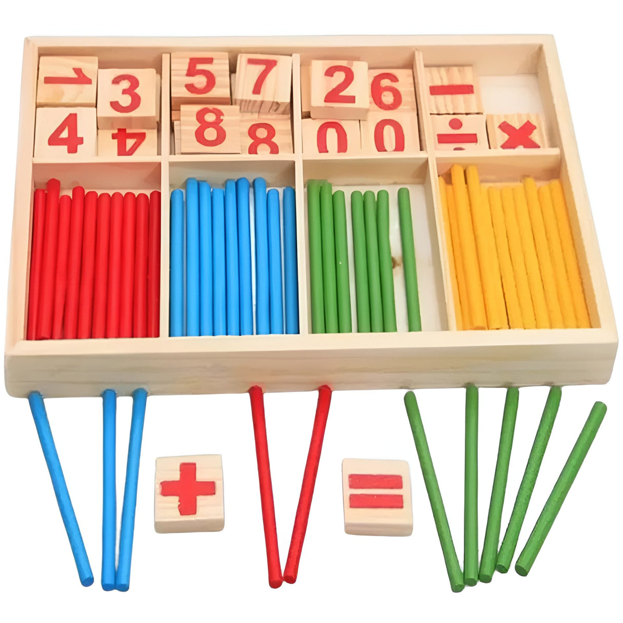 Joc educativ Montessori Flippy din lemn, 74 piese cu bețișoare colorate și cuburi cu cifre, vedere frontală