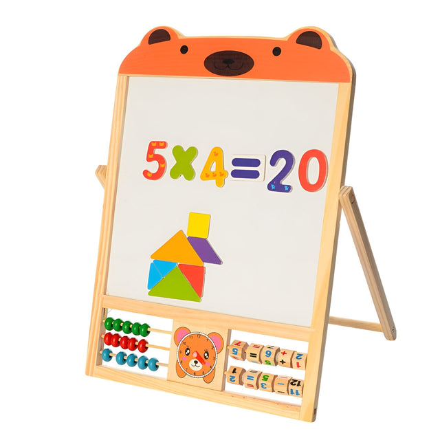 Tablă magnetică educativă Flippy pliabilă 2 în 1 din lemn natural, portocaliu, vedere frontală completă