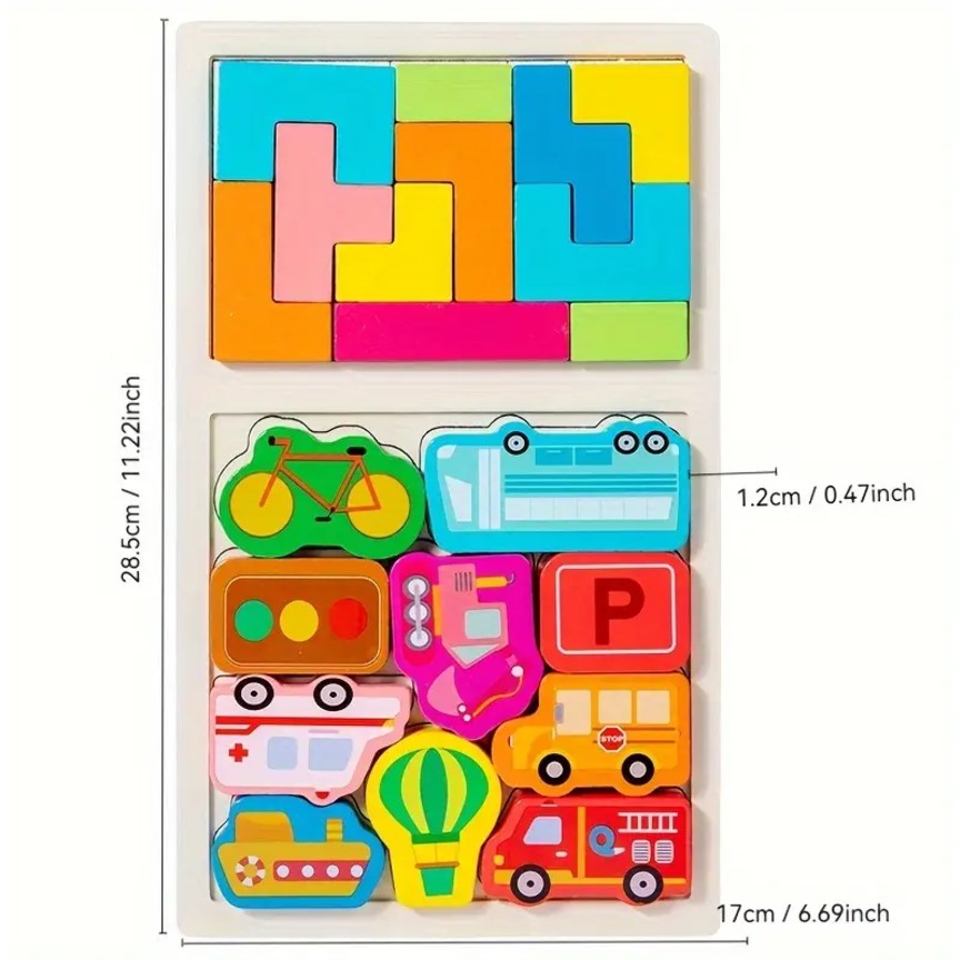 Puzzle Montessori din Lemn pentru Copii, Vivimall, Tip Tetris 2in1, +3 Ani, cu Masini Colorate 3D, Educativ, Intuitiv, Creativ, 21 de Piese, 28.5x17x1.2 cm, Multicolor - vivimall.ro