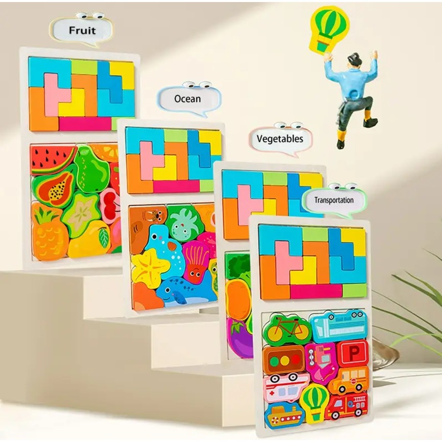 Puzzle Montessori Din Lemn Pentru Copii, Tip Tetris 2In1, +3 Ani, Cu Masini Colorate 3D, Educativ, Intuitiv, Creativ, 21 De Piese, 28.5X17X1.2 Cm, Multicolor - vivimall.ro